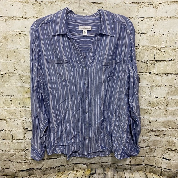 Vintage American Blue White Striped Soft V Neck Button Up Top - Picture 1 of 5